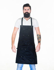 Waiter or bartender. Ready serve drink. Bearded hipster wear apron. Man cook brutal hipster. Fast...