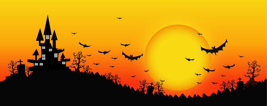 Halloween design background with spooky graveyard, naked trees, graves and bats and Copyspace