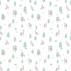 Cute cartoon deer and tree pattern. Colorful illustration for fabric print, wallpaper, wrapping paper.