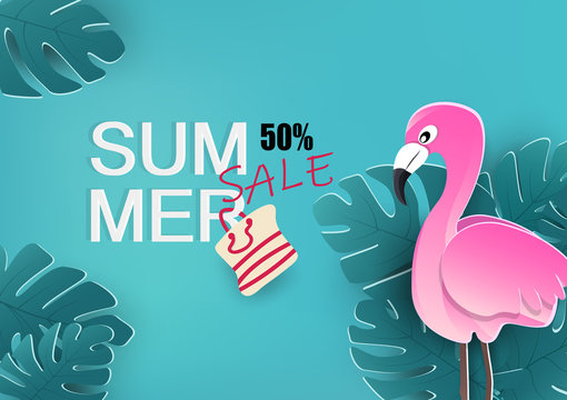 Summer sale, banner with flamingo and tropical leaves poster background, seasonal holiday, floral design, fliyer, invitation, greeting card, paper cut style vector
