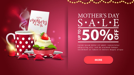 Mother's day sale, modern red discount horizontal banner with button, candle, petal and cup of tea with cupcake