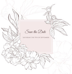 Vintage flower vector card drawing. Peony, rose, leaves and wildflowers sketch composition. Engraved botanical bouquet. Hand drawn floral wedding invitation, label template, anniversary card.