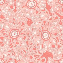 Seamless pattern with abstract flowers on the pink background.