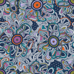 Seamless pattern with abstract flowers on the dark blue background.