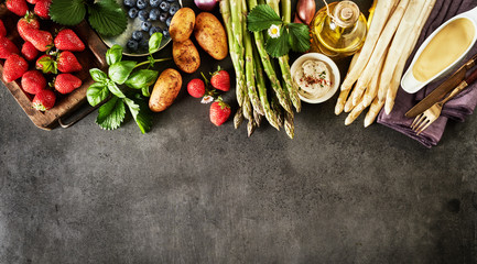 Panorama banner of fresh spring food ingredients - obrazy, fototapety, plakaty