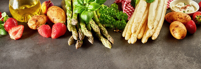 Panorama banner with ingredients for asparagus