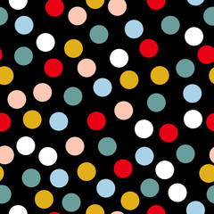 Seamless abstract colourful pattern with polka dots on black background