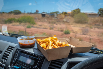 Traditional trucker dish fries and gravy in Carnarvon Western Australia
