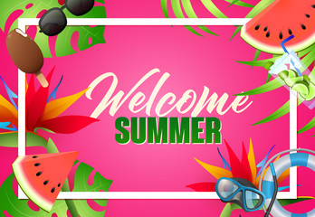 Welcome summer bright poster design. Diving mask, ice cream, watermelon, lifebuoy and text in frame on pink background. Vector illustration can be used for banners, flyers, greeting cards