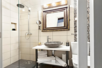 Luxury Modern contemporary interior bathroom with sink and mirror