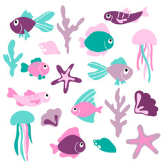 Fototapeta premium vector sea fish plant starfish jellyfish seaweed cute childish illustration on white