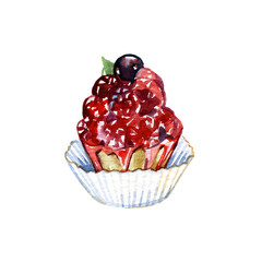 Hand drawn cake with watercolor texture. Cake with cream, berries. Hand painted sweet cake on a white background. Poster or card for cafe, bakery, restaurant, coffee house