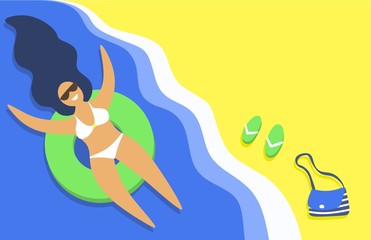 Long-haired girl swims in the sea on an inflatable ring. Sandy beach. Hot and sunny. Young happy woman relaxes and sunbathes. Summer vacation. Cartoon character. Place for text (copy space). Vector.