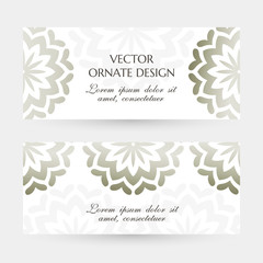 Silver floral motif. Elegant horizontal flayers with ornaments on the white background. Vector design with decoration elements and copy space for wedding invitation, anniversary banners and other.