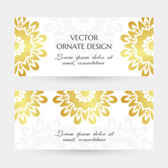 Golden floral motif. Elegant horizontal flayers with ornaments on the white background. Vector design with decoration elements and copy space for wedding invitation, anniversary banners and other.