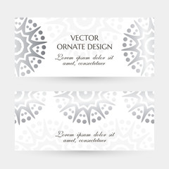 Silver star shape motif. Elegant horizontal flayers with ornaments on the white background. Vector design with decoration elements and copy space for wedding invitation, anniversary banners and other.