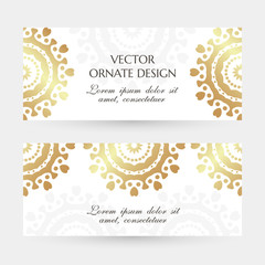 Golden circle motif. Elegant horizontal flayers with ornaments on the white background. Vector design with decoration elements and copy space for wedding invitation, anniversary banners and other.