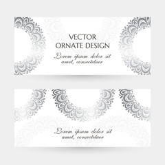 Silver circle decor. Elegant horizontal flayers with ornaments on the white background. Vector design with decoration elements and copy space for wedding invitation, anniversary banners and other.