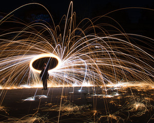 Man Spinning Steel Wool, Long Exposure