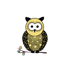 Stylized owl silhouette vector illustration. Night bird black and yellow hand drawn clipart. Mother and child owls ornate drawing. Abstract doodle wild animals. Isolated monochrome design element