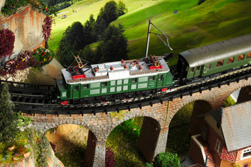 Fototapeta na wymiar Miniature railway model with trains