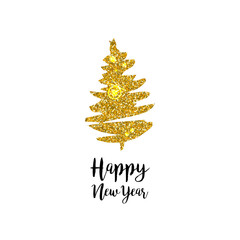 Christmas tree Lettering Gard. Golden glitter vector silhouette. Glowing dust and sparkles texture. New year, Xmas festive clipart. Shiny fir tree brushstrokes. Greeting card, poster isolated design