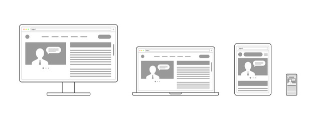 Responsive adaptive web design. Website open on different devices. Computer PC monitor, laptop, tablet, smartphone mobile. Flat minimalistic modern digital line vector illustration