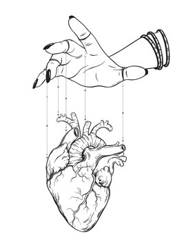 Puppet masters hand controls human heart isolated. Sticker, print or blackwork tattoo hand drawn vector illustration.