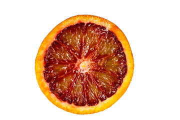Slice of red blood orange fruit isolated on white background