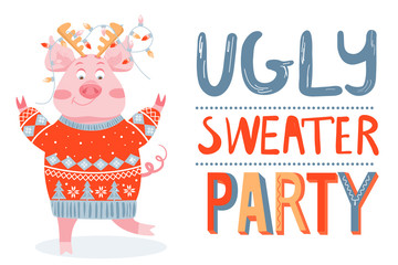 Christmas and Happy New Year greeting card on ugly sweater party. Illustration with happy pig in sweaters. Vector illustration.