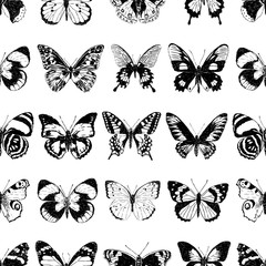 Fototapeta na wymiar Seamless background of different drawn butterflies