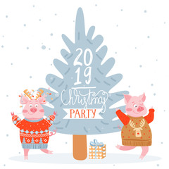 Christmas and Happy New Year greeting card with dancing pigs. Cute pigs dance at a Christmas party and celebrate the coming of the New Year. Vector illustration for postcard, poster, invitation, t-shi
