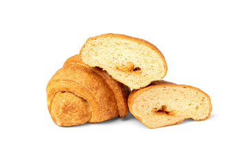 Croissant with condensed milk isolated on white background.
