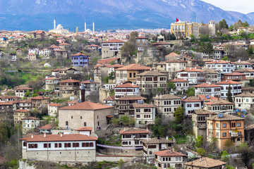 Fototapeta na wymiar Town wide photo of old houses situated on the hill in Safranbolu, Turkey