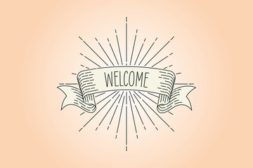 Welcome banner. Ribbon banner greeting card in vintage look with word welcome, engraving style graphic. Retro design element. Vector Illustration.