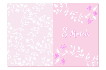 Gentle pink greeting card with hand written lettering and floral pattern. 8 march happy women's day quote. Soft postcard template. Vector illustration