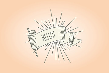 hello welcoming banner flag. Ribbon flag greeting card in vintage look with word hello, engraving style graphic. Retro design element. Vector Illustration.