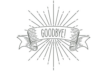 Farewell banner. Ribbon banner greeting card in vintage look with word goodbye, engraving style graphic. Retro design element. Vector Illustration.