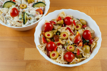 Close up of delicious food on wooden table.