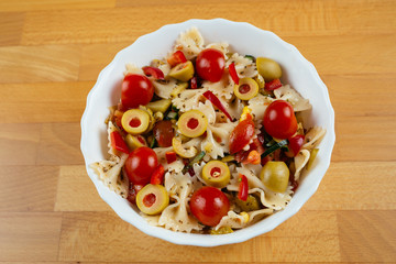 Close up of delicious food on wooden table.
