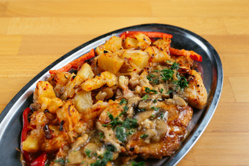 Close up of delicious food on wooden table.