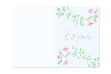 Fototapeta na wymiar Gentle blue greeting card with hand written lettering with branch of flowers and leaves. 8 march happy women's day quote. Soft postcard template. illustration