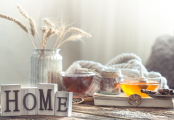 Still life details of home interior on a wooden table