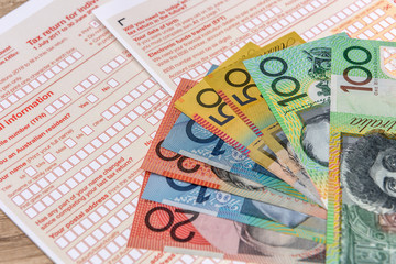 Australian taxation company, individual form with aud banknotes