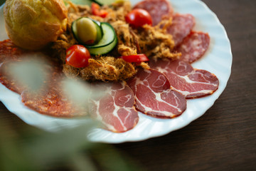 Close up of delicious food on brown table.