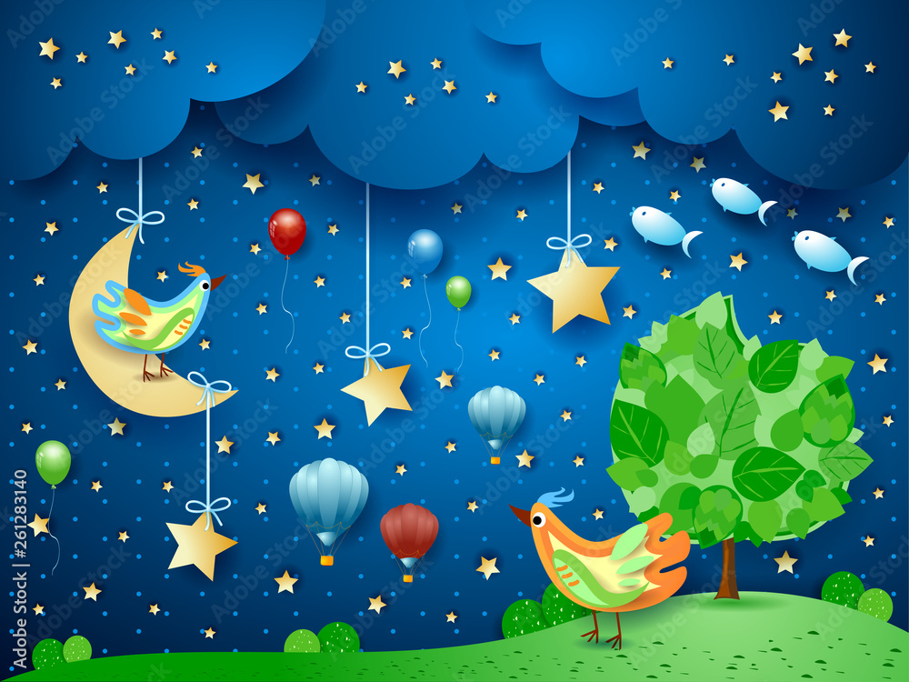 Wall mural surreal night with tree, birds, balloons and flying fishes