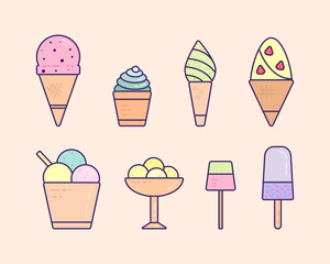 Set of colorfull sundae icons line ice cream in flat style. Cute hand drawn pack with different types of ice cream. Collection of sweet desserts for cafe or restaurant menu,  illustration