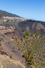 View of the San Antonio volcano crater  with fuencaliente village in background.  La Palma, Canary Islands. Spain.