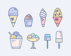 Set of sundae colorful icons line ice cream. Cute hand drawn different types of ice cream....