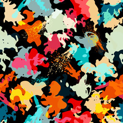 Abstract seamless geometric pattern with city elements frayed sprays triangles neon paint colored high-quality illustration in graffiti style for your design